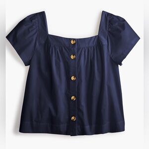 J CREW Navy Blue 100% Cotton Square-Neck Button Puff Cap Sleeve Poplin Blouse XL